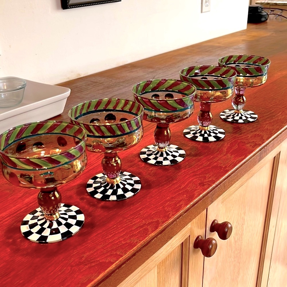 5!! MacKenzie-Childs Footed Glass champagne goblet circus Bow Courtly Check 1991